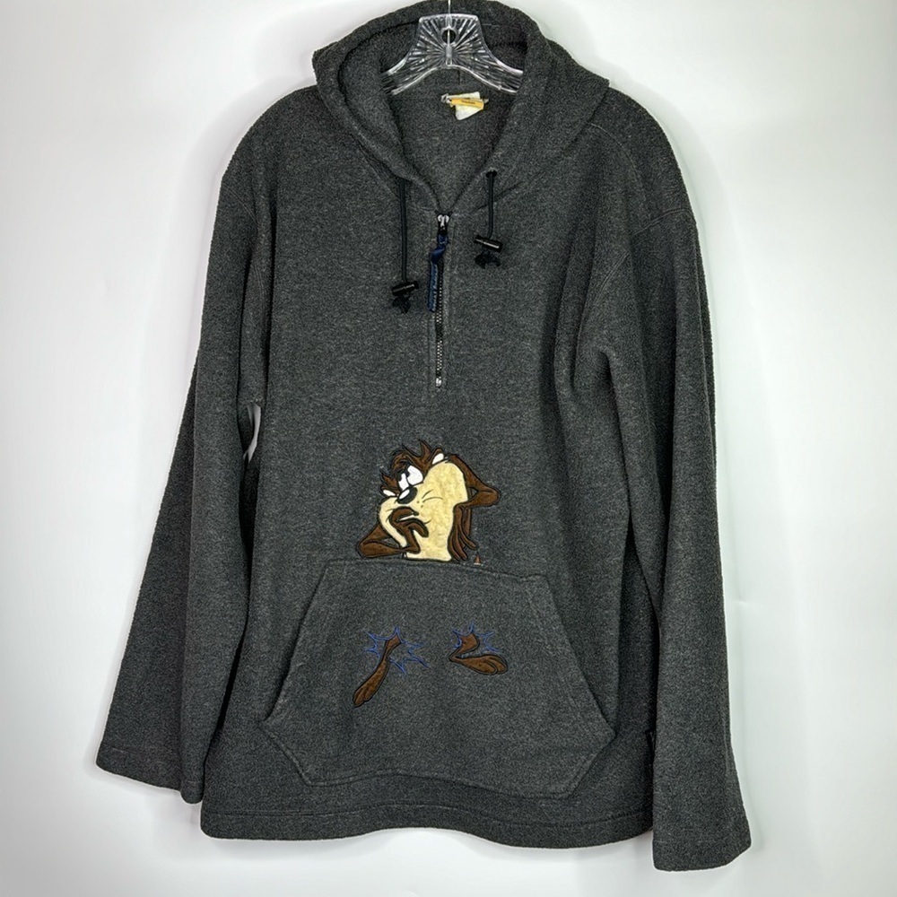 Vintage Looney Tunes Tasmanian Devil Tax Grey 1/4 Zip Hooded Sweatshirt XL/XXL
